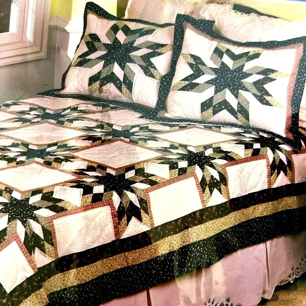 Vintage Handcrafted Lone Star Patchwork roses floral king Quilt and 2 shams